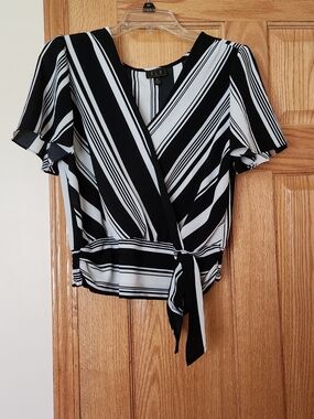 Black & White Striped Wrap Blouse with Tie Detail